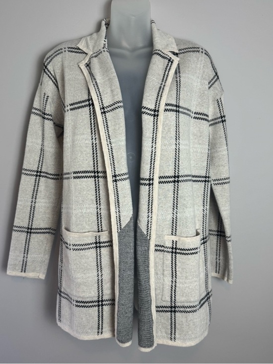 LOFT Sweaters - LOFT Cream & Black Plaid Open-Front Cardigan Size M